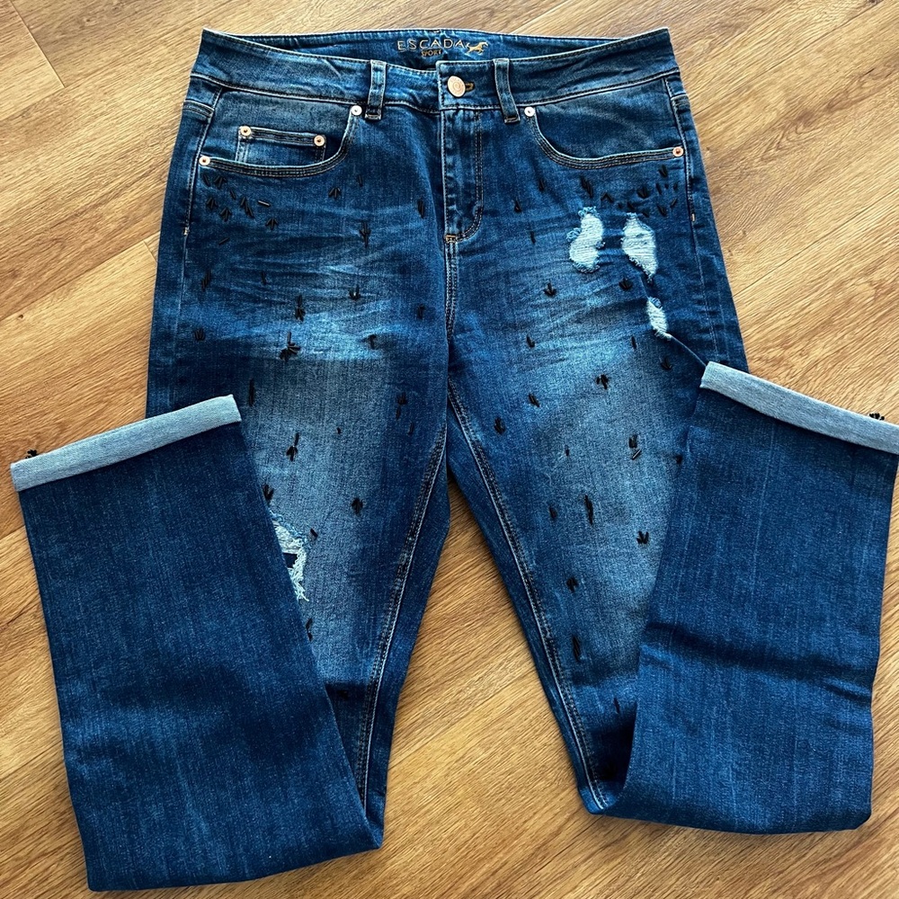 Escada Blue Straight Leg Jeans with Distressed Details
